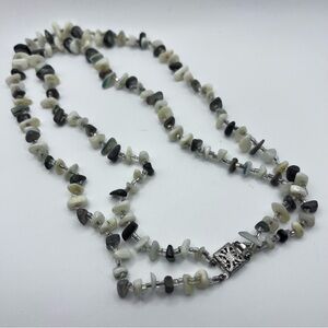 Vintage Stone 2 Strand Necklace Grey White Black Clear Silver Clasp